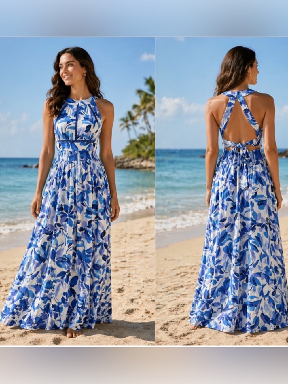 Abel the Label | blue & white | tropical | halter | smocked | maxi | S | dress